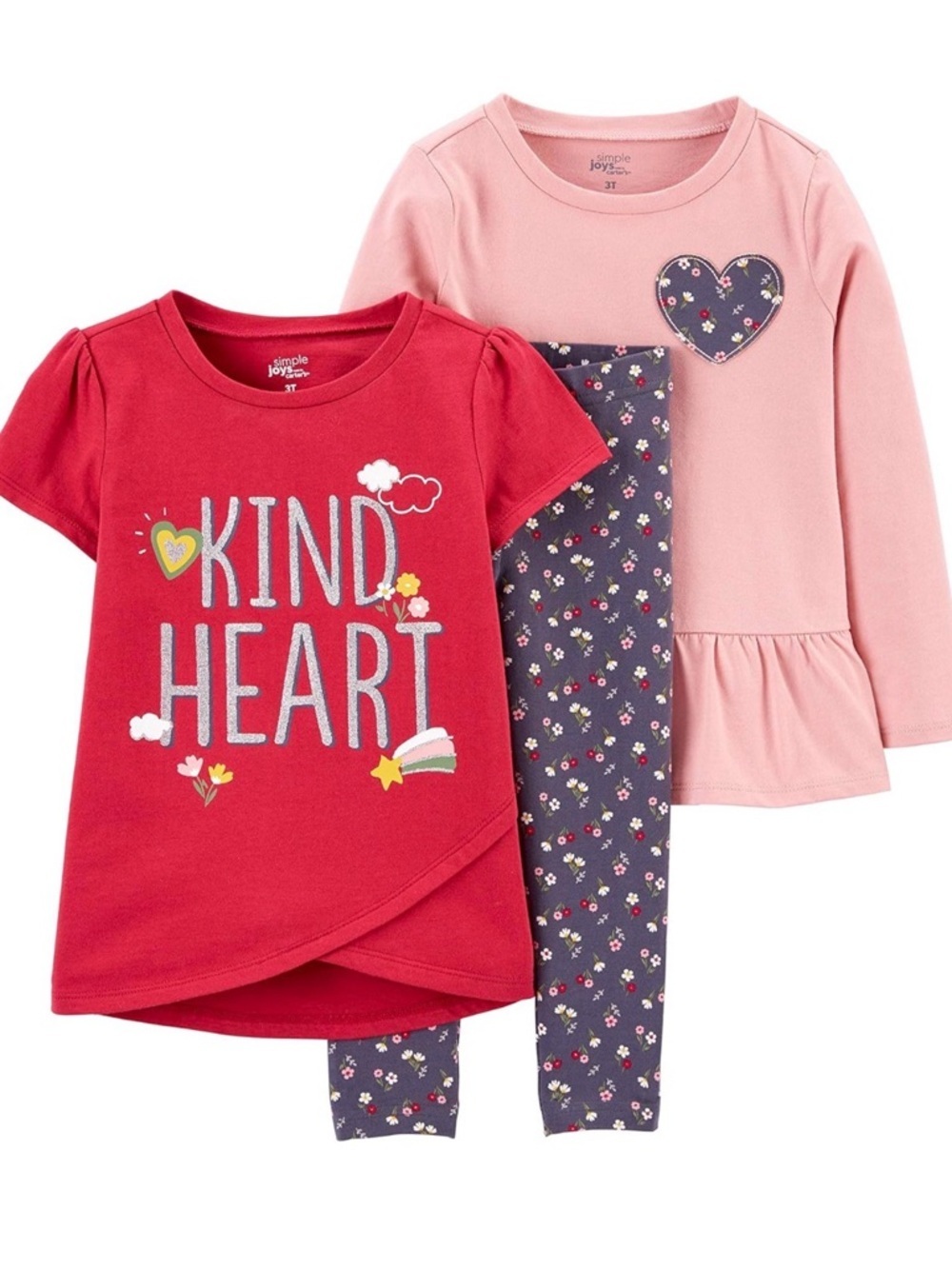 jumping beans Pink & Red 'Kind Heart' Girls Pajama Set with Floral Navy Leggings